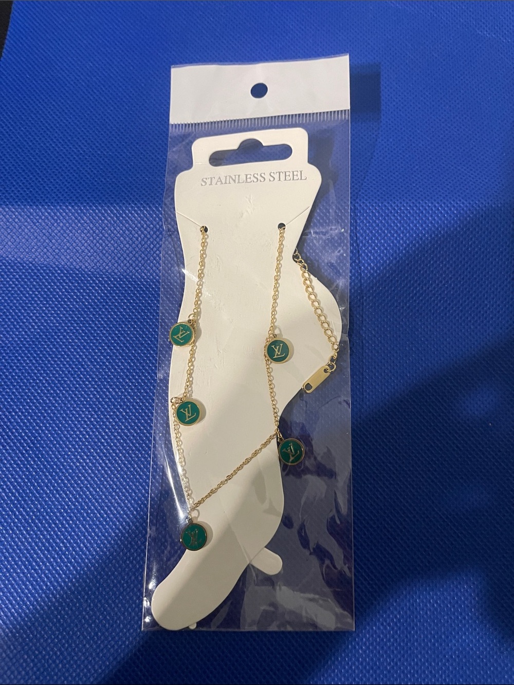 Source Unknown stainless steel Gold-Tone Anklet with Green Discs